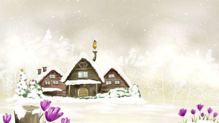 Snowfall And Purple Flowers
